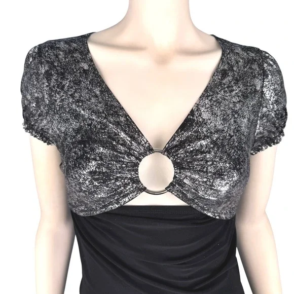Y2K Keyhole Top Women's L Black‎ Silver Metallic Ring Accent Short Sleeve Club - Picture 10 of 11